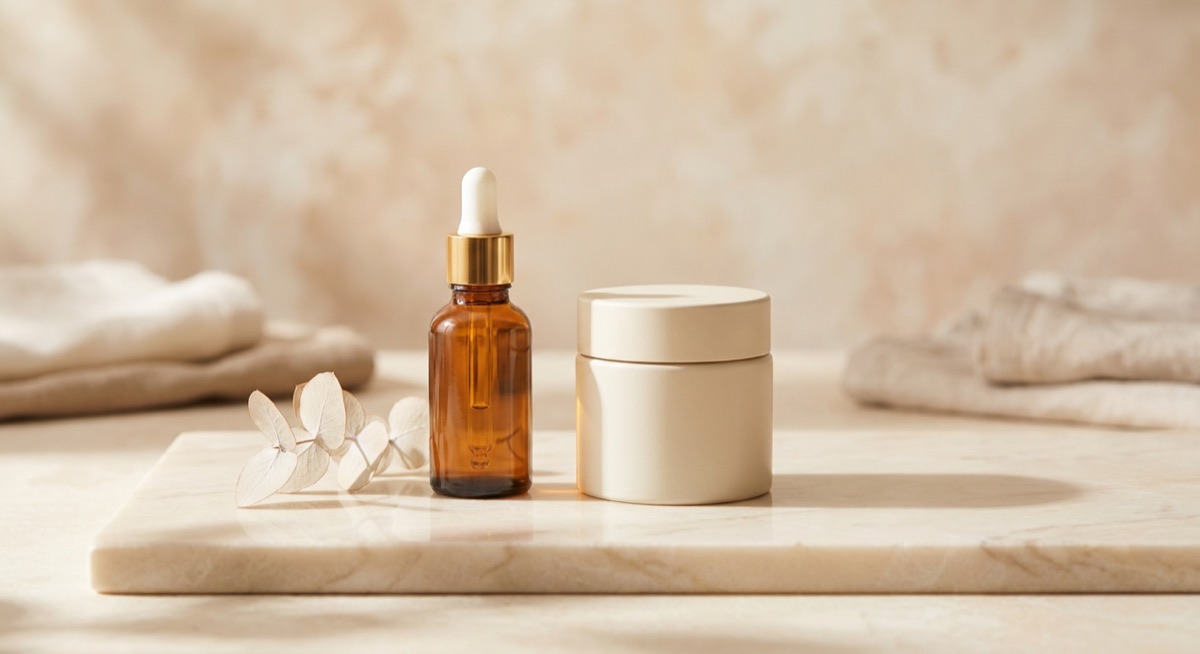 Facial skincare serum and moisturizer on a marble surface